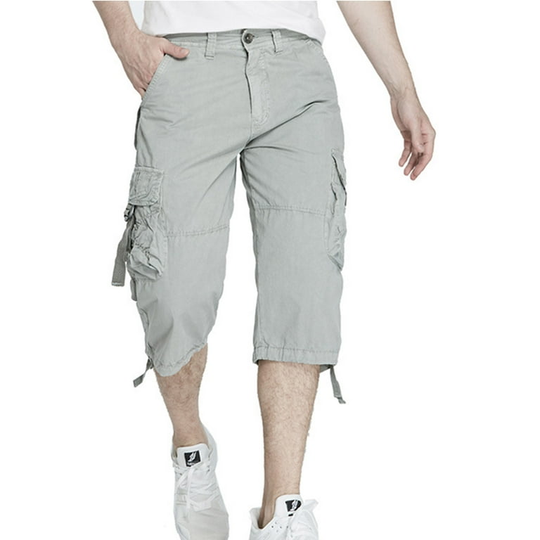 Capri Pants for Men Casual Button Zipper 3/4 Cargo Pants Baggy Multi  Pockets Drawstring Outdoors Sports Hiking Below Knee Shorts 