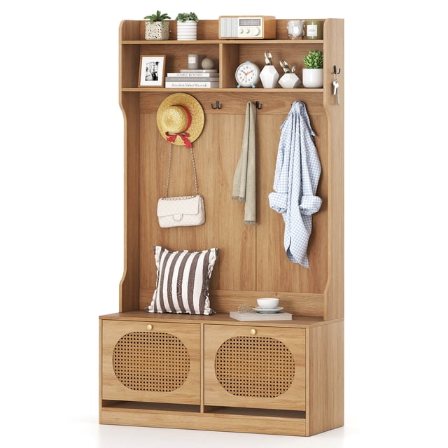 Costway 4-In-1 Hall Tree Entryway Bench with Coat Rack & Flip Drawers 6 Dual-Hook Hangers Natural