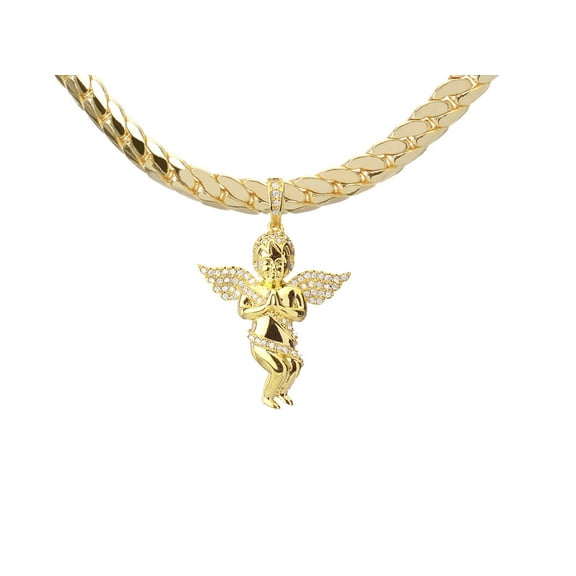 High Quality Hip Hop Iced 14K Gold Plated Mini Pray Angel Pendant with 20" Miami Cuban Chain Necklace BCH 11916 G