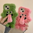 thumbnail image 3 of Green Plush Phone Case for iPhone 15 Pro Cute Funny Tongue Warm Furry Cases, 3D Cartoon Fuzzy Winter Protective Cover for Women Girls, 3 of 6