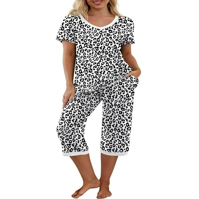 Pyjama en Coton pour Femmes, Ensemble Pjs à Manches Courtes, Haut de Nuit avec Pantalon Capri, Ensembles de Détente, Tenue de Nuit