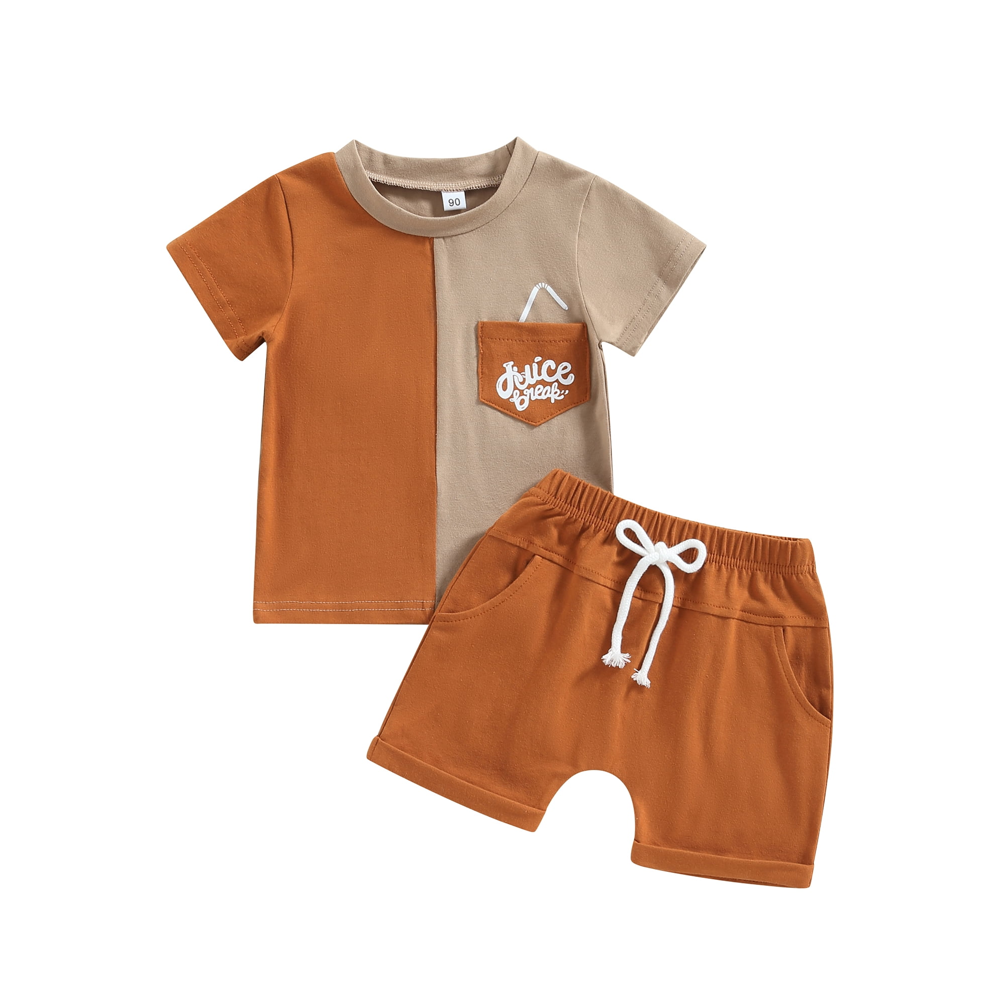 Frobukio Kids Baby Boys Summer Outfits Contrast Color Short Sleeve T-shirt  with Pockets Casual Elastic Shorts Set Brown 18-24 Months 