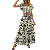 2 Pcs Women's Mini Dress Summer All Over Print Tie Side Blouse Top Dressess Ruffle Trim Skirt 2 Piece Outfit Light Breathable Sundress Bussiness Work Office Dressess