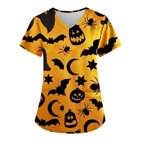 

Knosfe Scrub Tops Workwear Nurse Halloween V Neck Maternity Scrubs for Women Medical Pumpkin Ghost Bat Short Sleeve Womens Winter Tops with Two Pockets Yellow S