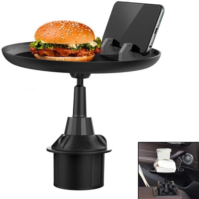 Car Cup Holder Tray Table, Universal Multifunction Car Tray for Eating, 360° Swivel Arm, Adjustable Car Food Eating Tray Table and Base with Phone Slot, Enjoy Your Food and Stay Organized (Short)