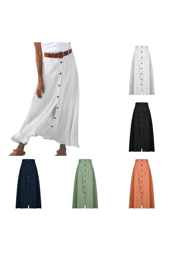 Ladies Summer Solid Cotton And Linen Half Length Slit Hip Midwaist Dress (Black,Small)