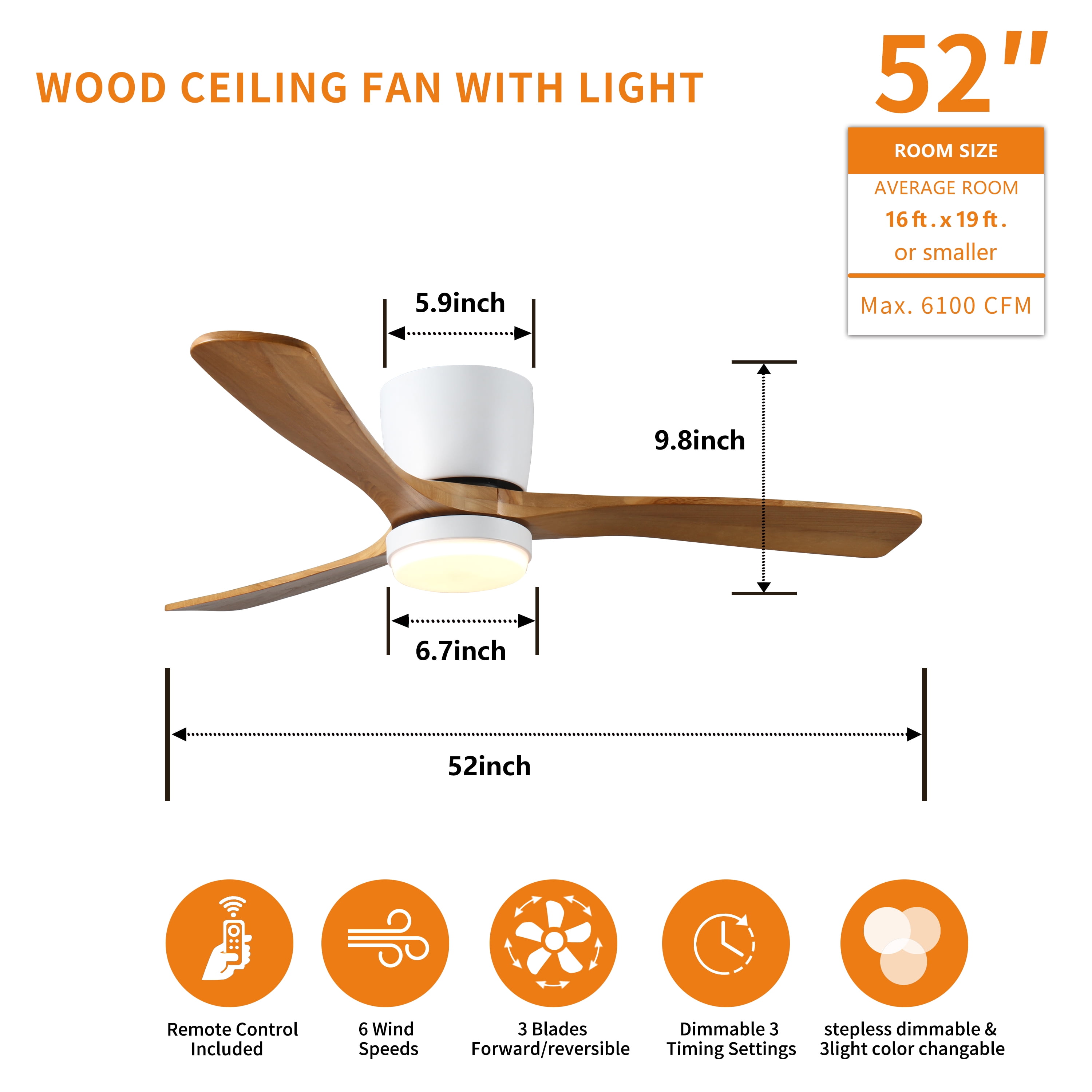 Eowynic 52" Modern  Ceiling Fan with Light, Remote Control, 3 Wood Blades, Flushmount Design