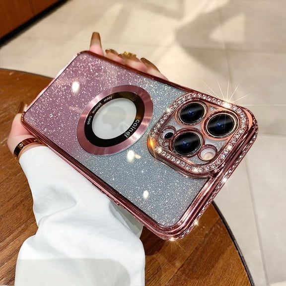 for iPhone 12 Pro Max Case Bling Glitter Gradient 【Support for Magsafe】 Diamond Camera Protector Magnetic Logo View Shockproof Phone Case for Girls Women Screen Protector Crystal Case -Pink