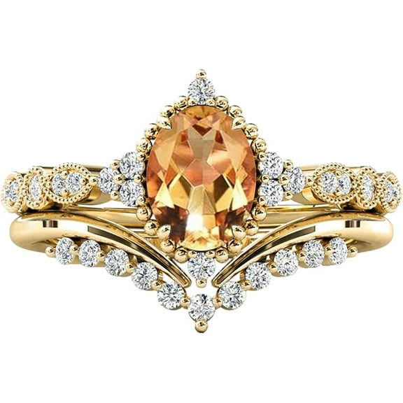 Rag Jewels 925 Sterling Silver 2.00 Ct Oval Cut Citrine & White Diamond Wedding Valentine's Anniversary Christmas Bridal Ring Set 14K Yellow Gold Plated For Women's -9.5