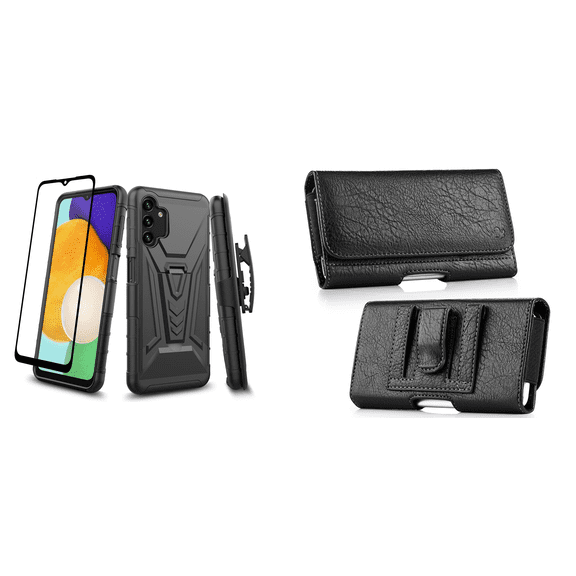 Bemz Phone Case for Galaxy A14 5G with Slim Fit Heavy Duty Construction Shockproof Rugged Magnetic Metal Kickstand Cover, Glass Screen Protector, Horizontal PU Leather Belt Holster Pouch (Black)