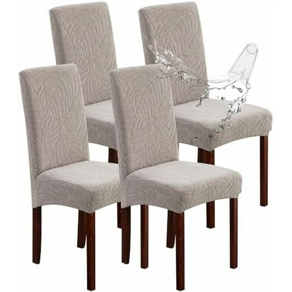 100% Waterproof Chair Covers for Dining Room Set of 4, Large Dining Room Chair Covers Protectors Stretch Kitchen Parson Chair Slipcovers for Home, Restaurant (Large, Leaves-Warm Gray)