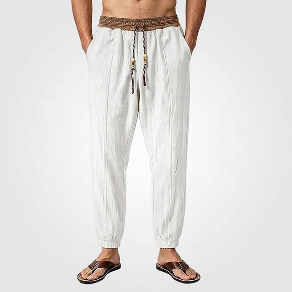 HOMADLES Mens Casual Linen Joggers Pants Elastic Waist Side Pocket Sports Pants Outdoor Athletic Pants White Size M