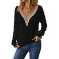 thumbnail image 2 of Womens Long Sleeve Sweaters Fall Trendy Lace V Neck Knit Drop Shoulder Pullover Sweater Jumper Tops Black XL, 2 of 9