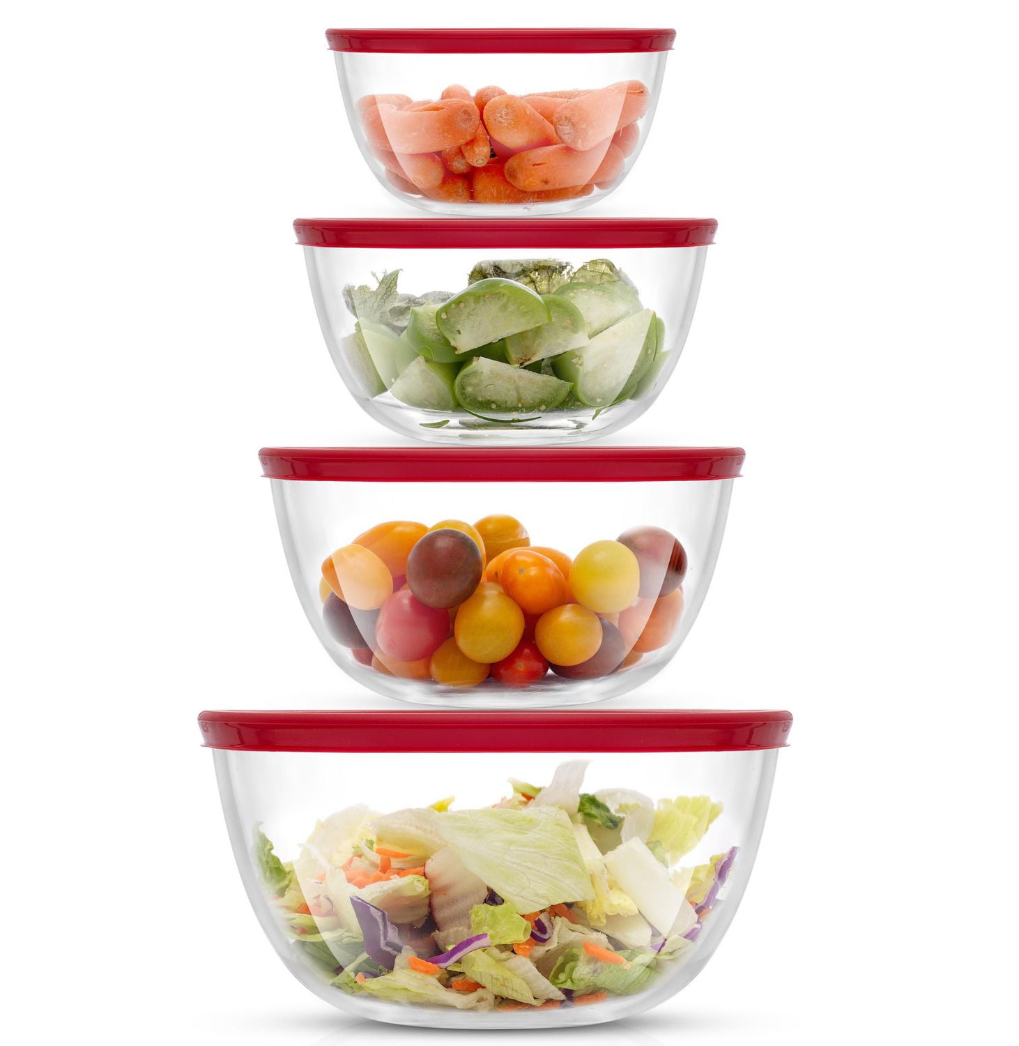 Ensemble de 4 Bols à Mélanger en Verre avec Couvercles JoyFul - Rouge