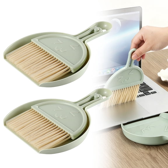 Small Dustpan and Brush Set, Mini Dustpan and Brush Whisk Broom and Dust Pan Tiny Cleaning Broom Mini Hand Broom for Table, Desk, Keyboard, Pet Nest, Set of 2 (Green)