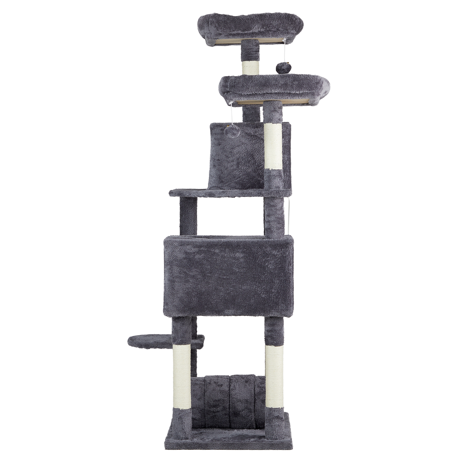 65 Inch Cat Tree Cats Tower for Indoor, Large Multi-Level Cat Play House Condo Furniture with Padded Platform Beds, Large Cozy Condos, Sisal Scratching Posts, Toy Balls and Cat Play Tunnel