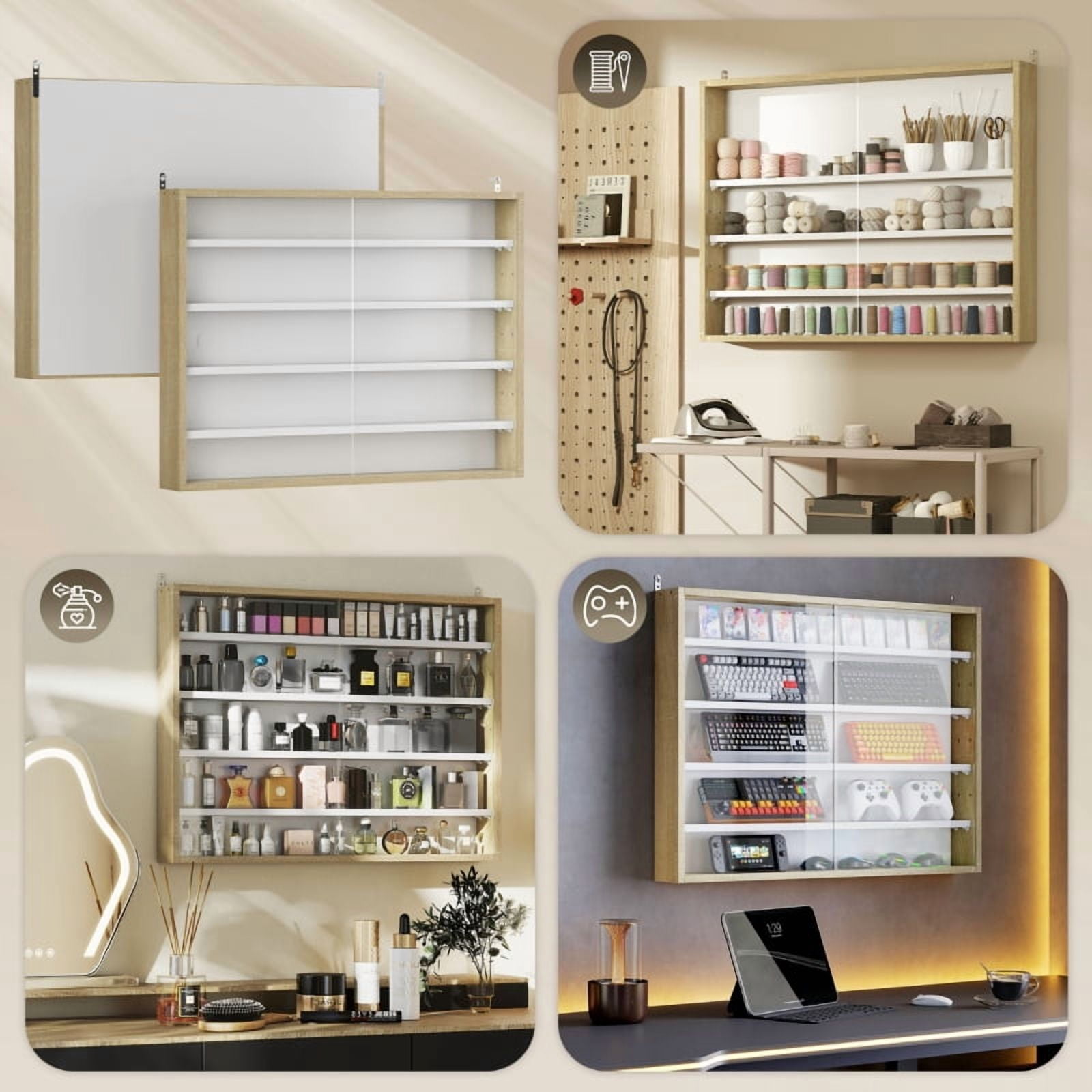 Alvantor 5-Tier Wall Display Storage Cabinet with Glass Doors & Adjustable Shelves 23.6"x31.5"x3.7" Natural