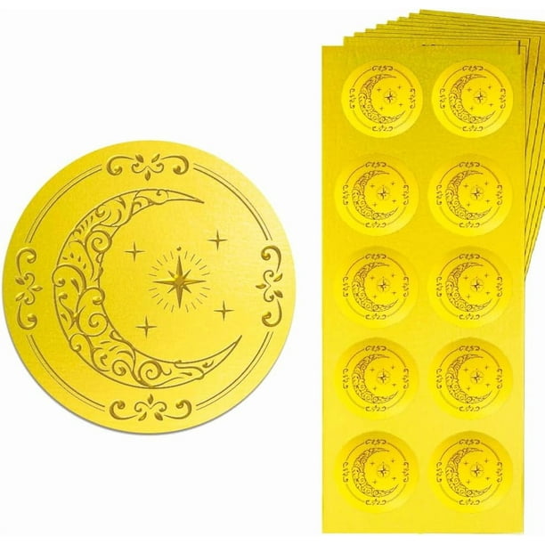 Sello adhesivo dorado en relieve con diseño de luna y estrella, 1,4 pulgadas, 150 unidades. Calcomanías autoadhesivas doradas en relieve.
