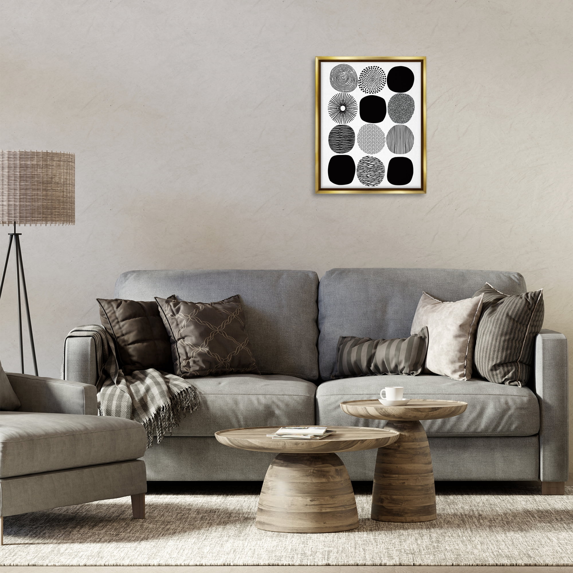Stupell Industries Black & White Pattern Circles Abstract Painting Gold Floater Framed Canvas Art Print Wall Art, 17 x 21