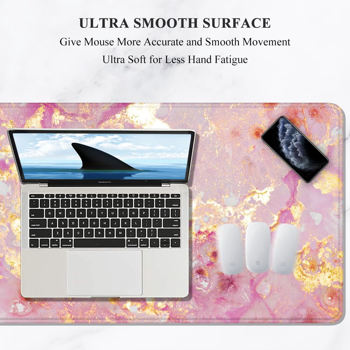 Large Mouse Pad, XXL Gaming Mousepad, Desk Mat for Desktop, Thick Rubber, Big & Long Size, Stitched Edges, Full Desk Pad for Laptop & Computer, Extended 31.5 x 11.8 in, Pink Gold Marble