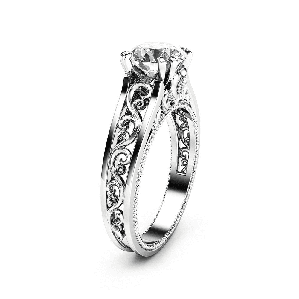 HeartsAndYou 1.5ct Round Cut Moissanite Engagement Ring for Women 18k White Gold Over Silver Vintage Inspired Filigree