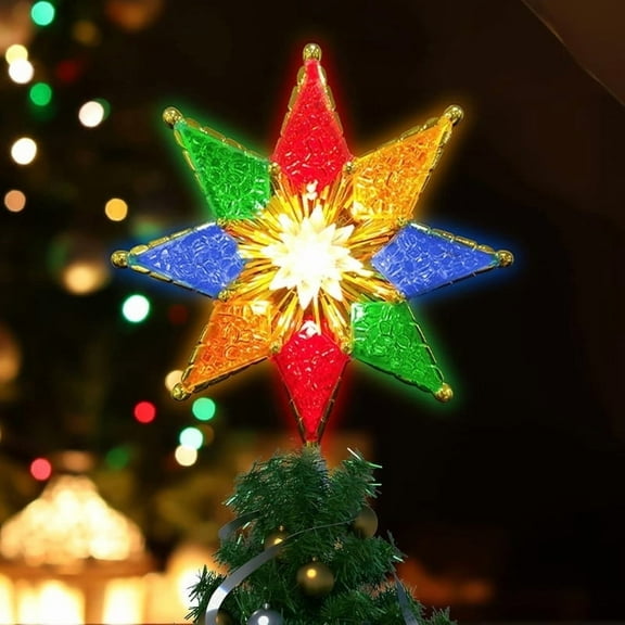 Christmas Star Tree Topper, 8" Lighted Double-Sided Christmas Tree Topper, 8-Point Multi Color Xmas Tree Topper with 10 Multicolor Lights, 120V UL Certified Tree Star