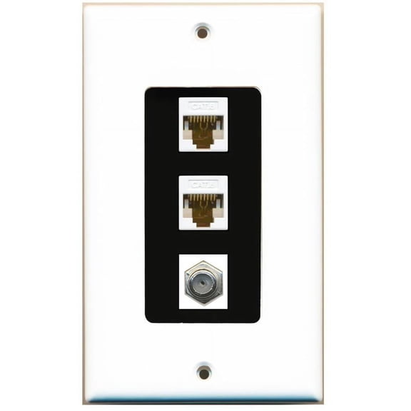 RiteAV Decorative 1 Gang Wall Plate (White/Black) 3 Port - 2 x Cat6, 1 x Coax