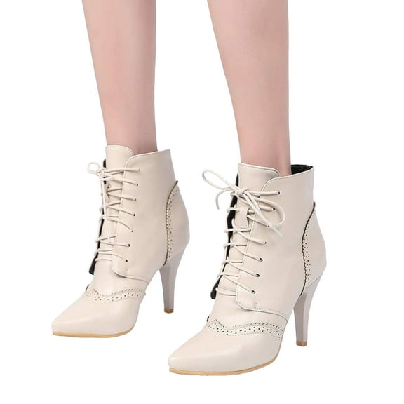 Stiletto High Heel Dress Combat Boots for Women Leather Lace up Pointed Toe Winter Fall Short Ankle Booties