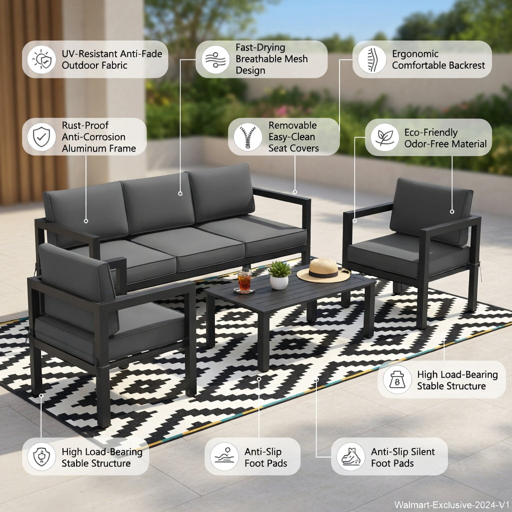 Hommoo 4-Piece Modern Outdoor Patio Furniture Set, Aluminum Frame with Cushions for Backyard, Poolside & Garden, Gray