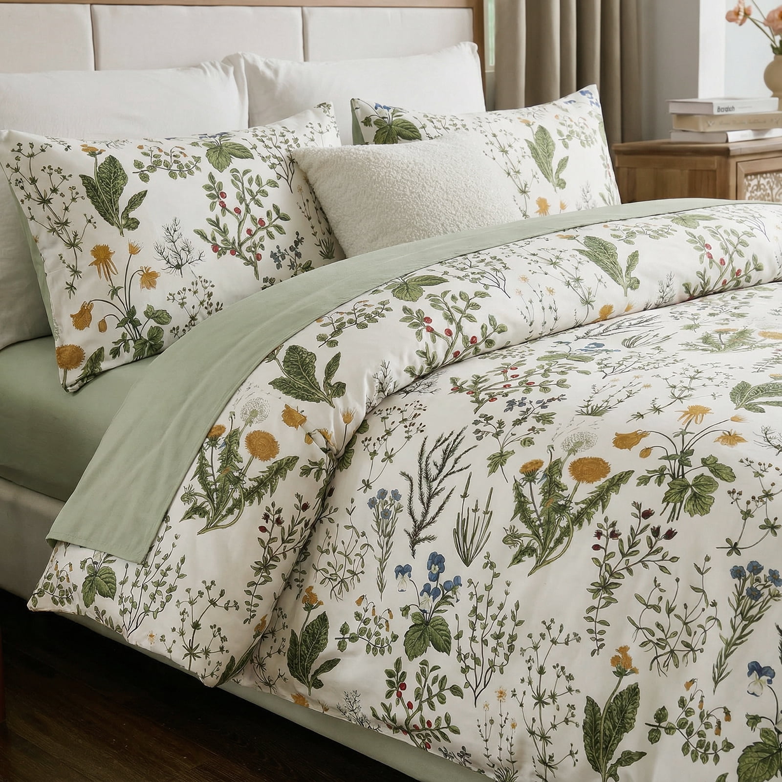 Move Over Green Floral Duvet Cover Set Queen 100% Cotton Floral Bedding Set 3 Pieces Soft and Breathable Vintage Style Green Floral Comforter Cover Set for All Seasons