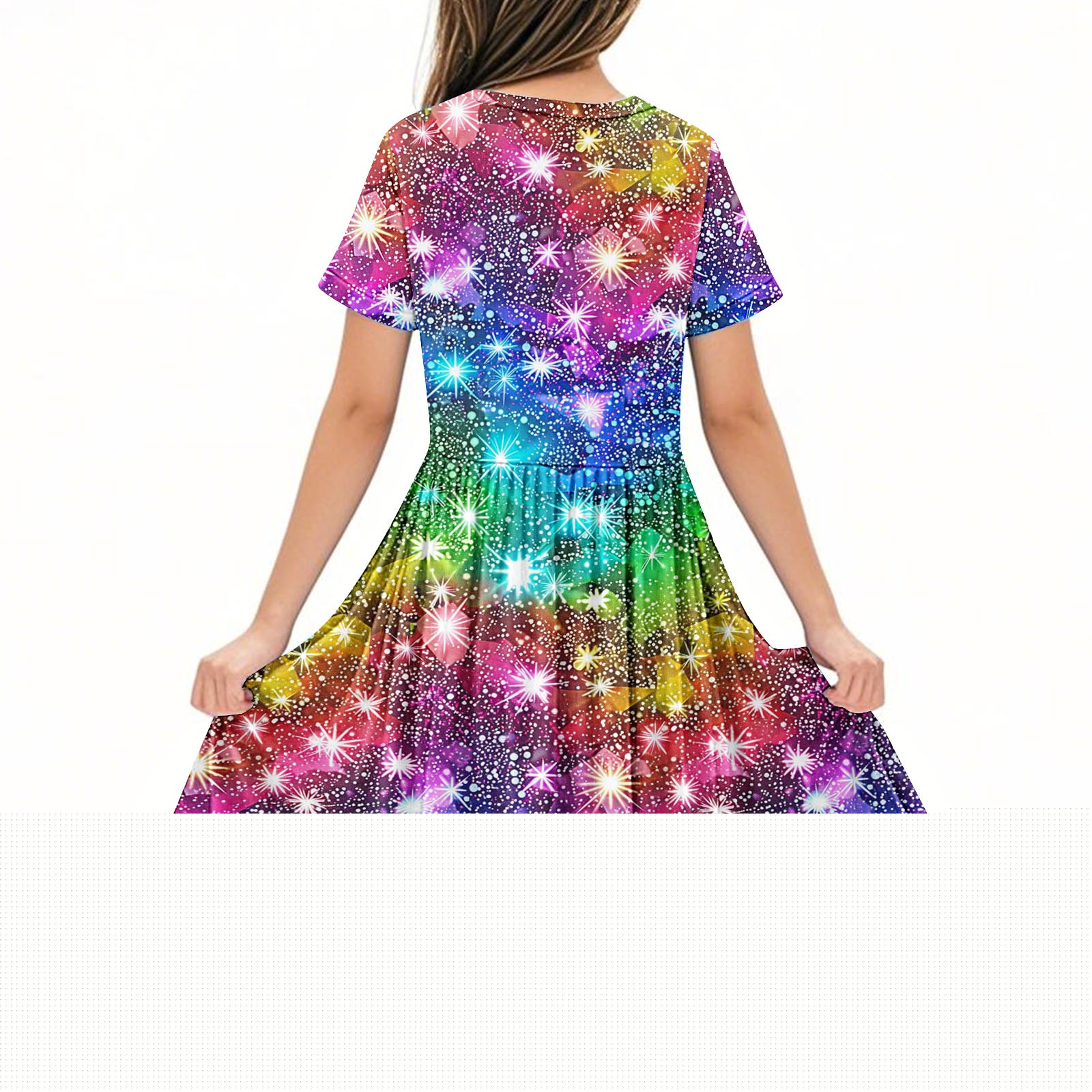 thumbnail image 4 of 4-14 Years Girls Dresses Short Sleeve Kids Summer Cotton Casual A-Line Dress Girdle Tiered Swing Festive Dress for Girls Multicolor B 4-5 Years, 4 of 5