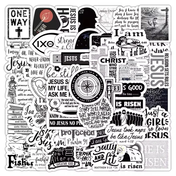 50 Pcs Black & White Jesus Christianity Stickers Faith Decal Hydro Free Shipping