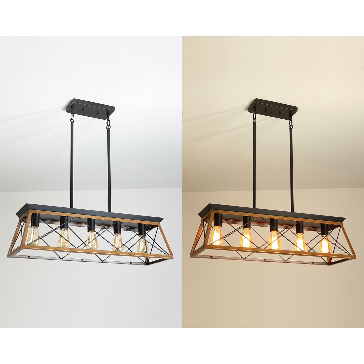 5-Light Farmhouse Chandeliers for Dining Room, Rustic Kitchen Island Light Fixture, Linear Pendant Light with Walnut Finish Rectangular Chandelier, Metal Solid Ceiling Lights