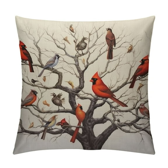 JRXY  Beautiful Red Birds Pillow Covers Cardinals on Bare Brown Tree Branches Winter Christmas Decorative Throw Pillow Covers Cushion Case for Home Sofa Couch Decoration White