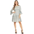 thumbnail image 1 of Women's Casual Semi Sheer Bohemian Crochet Lace Bell Sleeve Flowy Mini Dress, 1 of 5