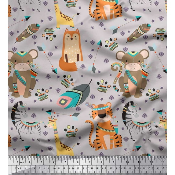 Soimoi Gray Moss Georgette Fabric Feather & Animals Tribal Printed Fabric 1 Yard 42 Inch Wide