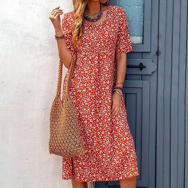 Meichang Robes Décontractées pour Femmes Boho à Imprimé Floral à Manches Courtes à Col Rond Robes Fluides de Travail Robes Midi Confortables de Printemps avec Poches Robes pour Femmes Orange P