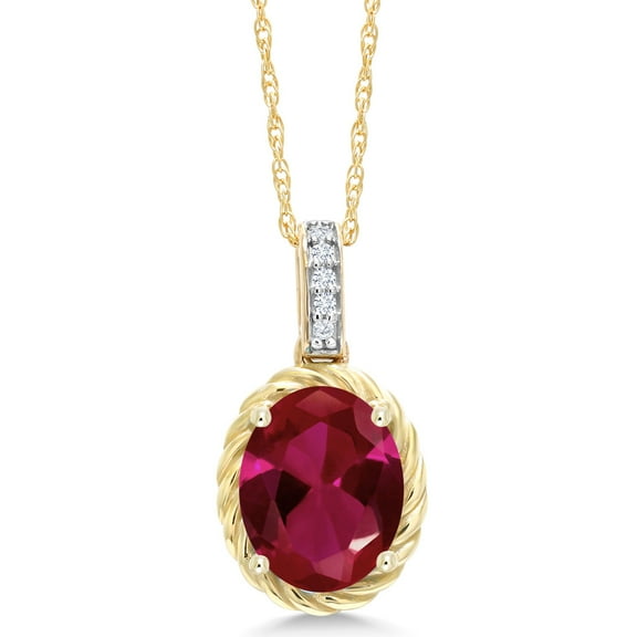 Gem Stone King 10K Yellow Gold Red Created Ruby and White Diamond Pendant Necklace for Women (2.04 Cttw, Oval 9X7MM, with 18 inch Chain)