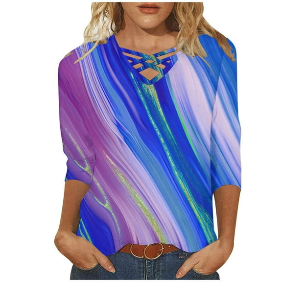 BangWanChi 3/4 Length Sleeve Womens Tops Plus Size Tunic Women's Fashion and Casual V-neck 3/4 Sleeve Top Long Sleeved V-neck Top/Shirt