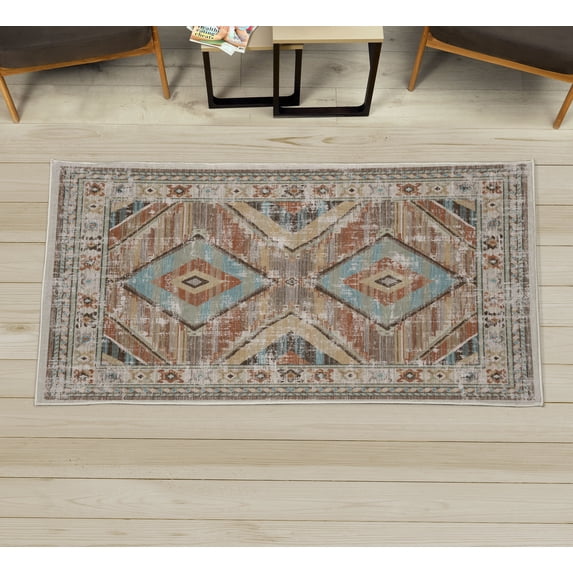 Tribal Decorative Rug, Abstract Geometric Motif of Striped Zigzag Shapes and Squares Ethnic Art, Quality Carpet for Bedroom Dorm and Living Room, 6 Sizes, Amber Beige Seafoam, by Ambesonne
