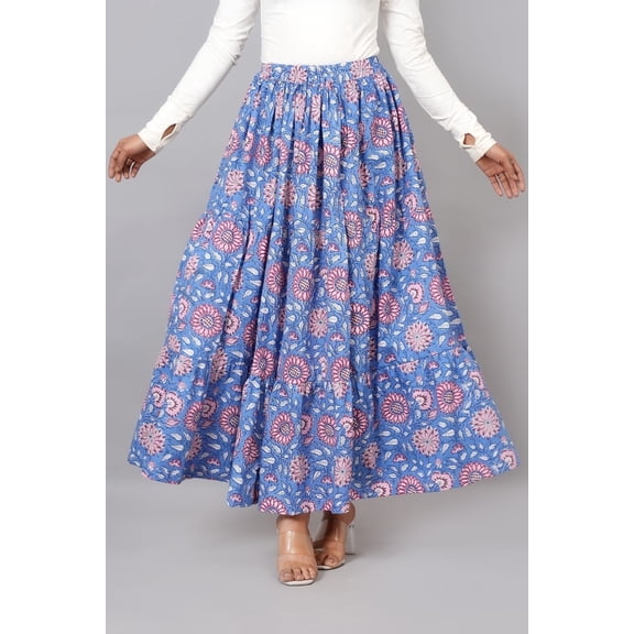 Women Blue Cotton Maxi Skirt, Boho Style Pink & White Floral Hand Block Print with Elastic Waist, XS
