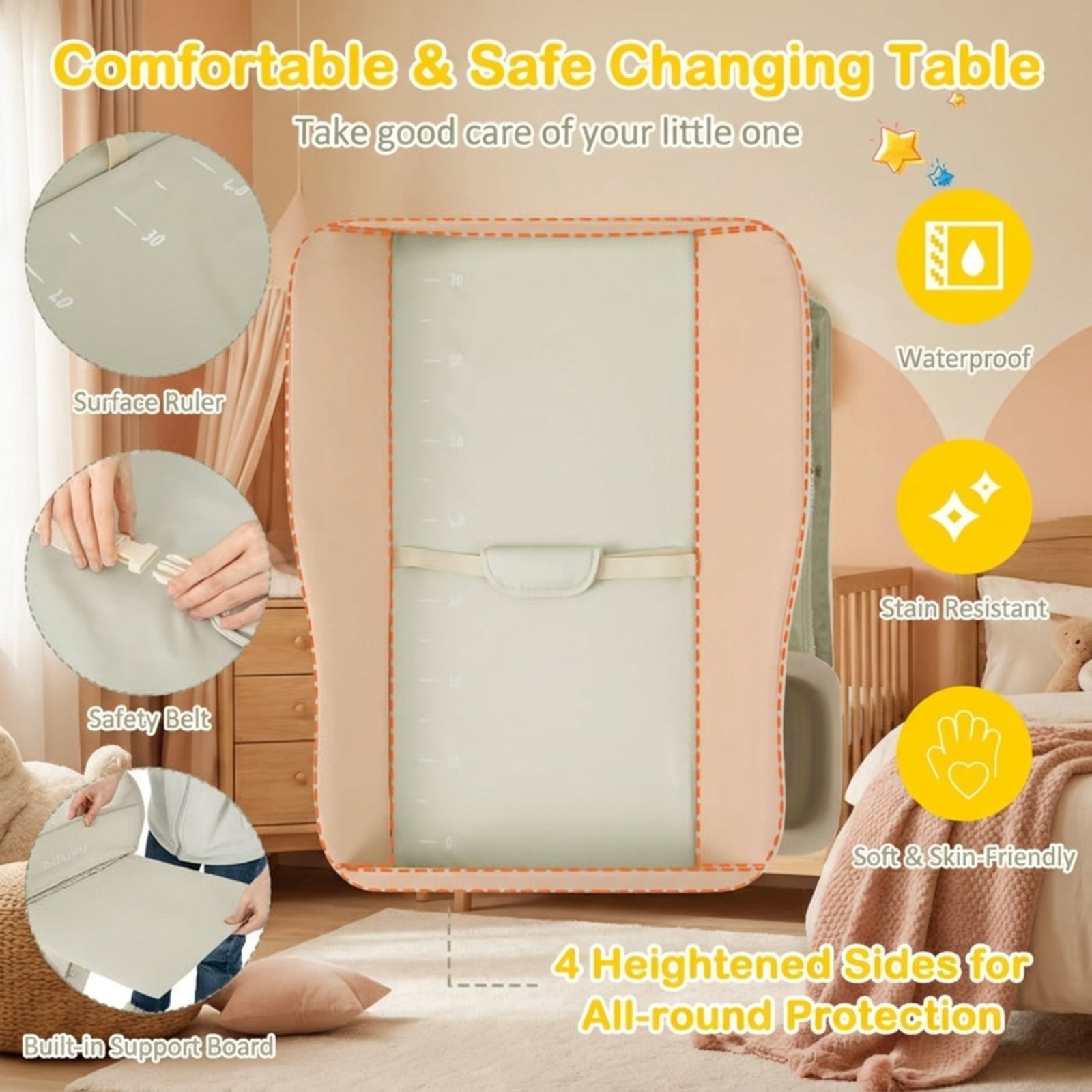 Furnibear Portable Changing Table with Water Basin 3 Adjustable Heights Foldable Metal Frame 4 Lockable Casters and Multi Tier Storage, Green
