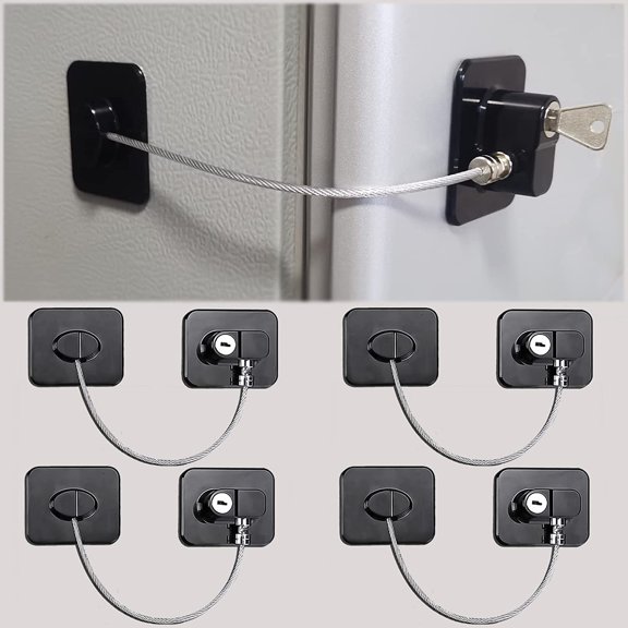 Fridge Lock 4 Pack Refrigerator Lock for Kids with Keys, Child Locks for Cabinets, Drawers, Refrigerator, Oven, Toilet, Adhesive Cabinet Locks Childproof Black