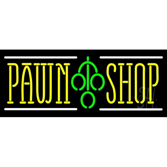 Pawn Shop With Logo In Between LED Neon Sign 10 x 24 - inches, Black Square Cut Acrylic Backing, with Dimmer - Bright and Premium built indoor LED Neon Sign for Pawn Wall decor decor, and storefront.
