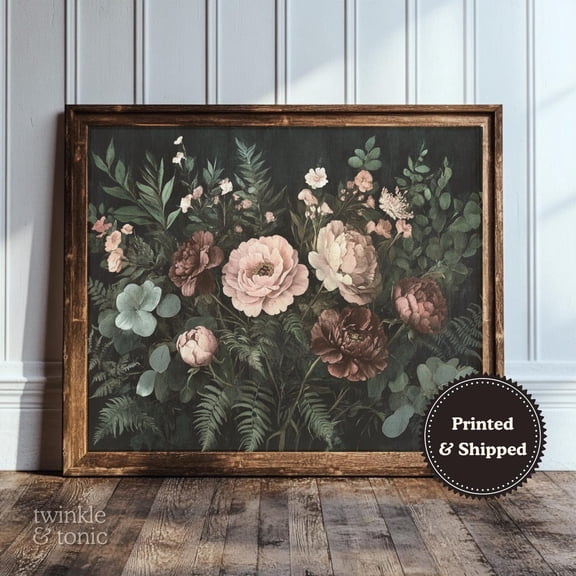 PosterArt Vintage Peonies Art Print Dark Academia Wall Décor Moody Cottagecore Poster Rustic Floral Aesthetic Display, 8x12 UNFRAMED