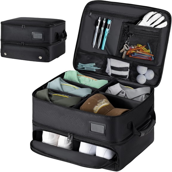 2 Layer Golf Trunk Organizer, Golf Gifts for Men with Separate Ventilated Compartment, 2-Pair Capacity, Waterproof SUV Car Locker for Balls, Tees, Clothes, Gloves, Accessories, Golfer Gift