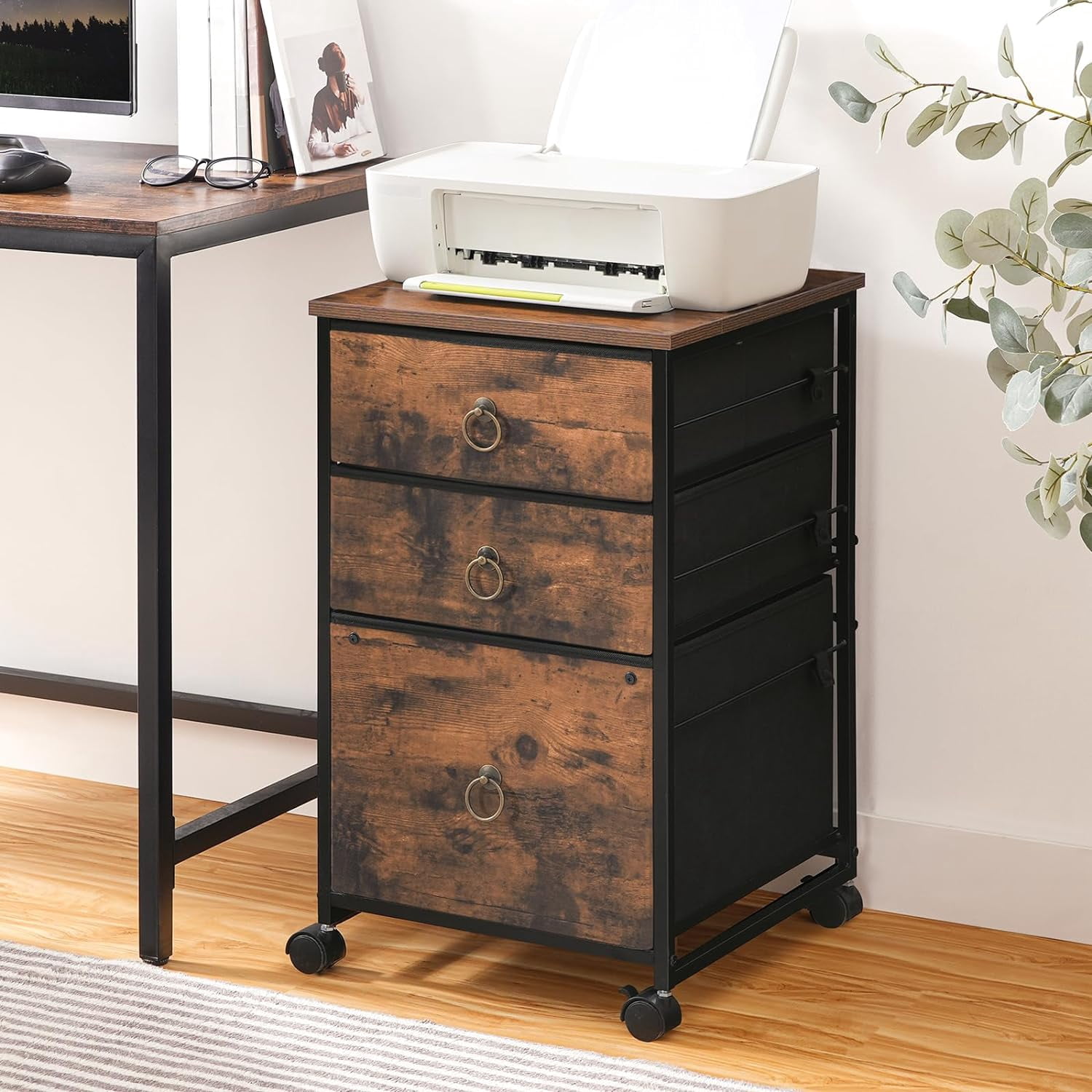 3-Drawer Rolling File Cabinet for Home Office, Vertical Under-Desk Cart with Fabric Drawers, A4/Letter-Sized, Rustic Brown