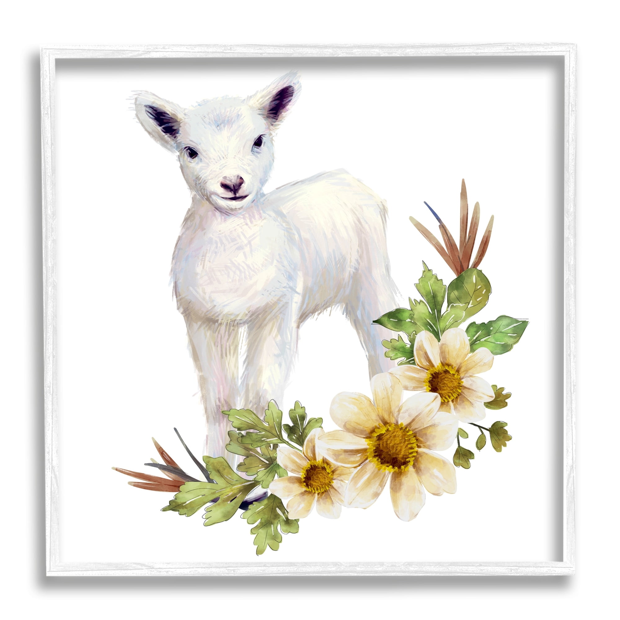 Stupell Industries Baby Lamb Autumn Daisy Florals Tree Leaf Foliage, 17 x 17,Design by Ziwei Li