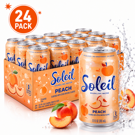 Soleil Peach Sparkling Water 12 Fl Oz Cans 24 Pack Refreshing Beverage