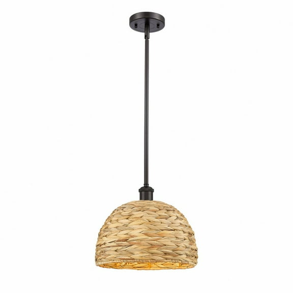 Innovations Lighting  Woven Rattan - 1 Light 12" Stem Hung Pendant Natural Rattan/Oiled Brass